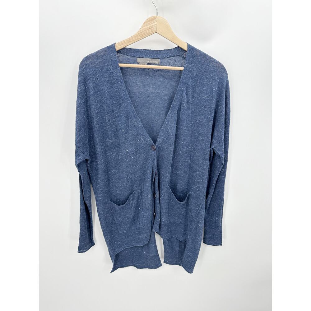 360 Sweater Blue Linen Button Down Cardigan Long Tail Slit Back‎ Opening Women S